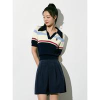 复古条纹短袖针织衫女夏装上衣女薄款线套衫时尚