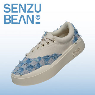 SENZU BEAN男鞋夏季透气SZB休闲鞋流苏牛仔布料防滑低帮平板潮鞋 蓝格流苏-白 43