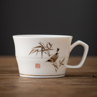 宋汇 德化羊脂玉瓷防烫有耳茶杯家用功夫茶具小号杯子马克杯100ml 4号竹节杯（竹上喜鹊）100ml