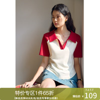 独束大码女装【多色可选】撞色Polo领T恤女夏装凉感小清新上衣 米杏色撞红 3