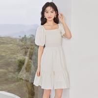 夏款木耳边优雅泡泡袖显瘦连衣裙