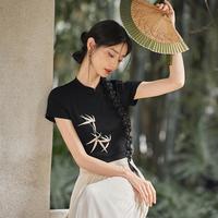 新中式国风刺绣短袖女2024夏季清冷感立领直筒正肩轻薄T恤