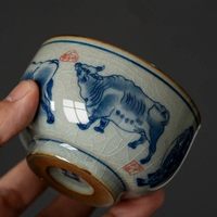 瑾鑫睿 景德镇仿古老陶泥茶杯青花瓷主人杯单杯陶瓷手工茶具品杯五牛图 五牛杯礼盒装