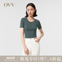 OVV2022春夏新款女装丝棉混纺时尚U领修身弹力简约短袖针织衫 绿灰22