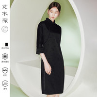 花木深古法平裁旗袍女年轻款高端气质连衣裙中式醋酸提花开叉礼服 墨色A L