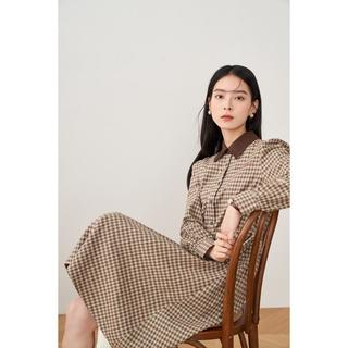 春秋款翻领撞色格纹全棉a字连衣裙子