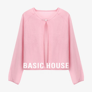 Basic House/百家好亚麻一字扣针织开衫夏季气质薄款圆领纯色外搭 粉红 S