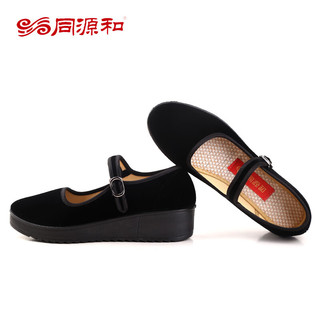 同源和老北京布鞋女2024春工作鞋防滑软底平绒厚底坡跟酒店上班 黑色 37