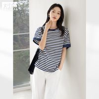 对白时尚牛仔拼接条纹短袖t恤女2024夏季设计感宽松休闲上衣