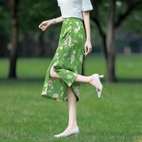 德玛纳 dme【花间令系列】夏国风新中式丝光缎面印花盘扣开衩松紧后腰半身裙