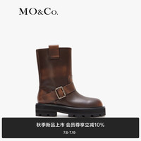 MO&Co.2024秋新品复古擦色斑驳牛皮革厚底中筒靴短靴MBD3SHS004 黑色 35