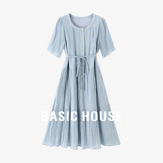 百家好（Basic House）Basic House/百家好纯色休闲夏日小众优雅气质设计感短袖连衣长裙 蓝色 M