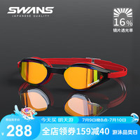 SWANS泳镜专业女大框竞速防雾高清男镀膜训练铁人三项游泳SR81M-1黑红