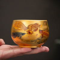 甲牛周鸿杰大师24K纯金鎏金手工高端九龙鱼茶杯主人杯功夫品茗建盏杯 全鎏金九龙金盏-礼盒装