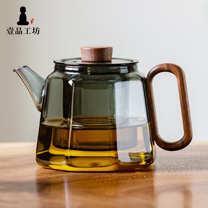 一品工坊耐热玻璃泡茶壶茶水分离可电陶炉加热煮茶壶带木把家用红茶冲茶壶 书韵壶-500ml 鸦青色