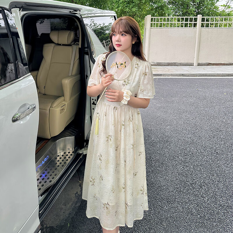 惟友连衣裙女大码胖妹妹夏装大码女装胖mm国风淡雅印花长裙 橄榄绿 P4190-220斤
