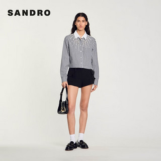 SANDRO2024早秋女装法式设计感钻饰短款格纹衬衫SFPCM01160 黑色 0