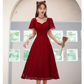兰卡·罗妮兰卡罗妮敬酒服新娘平时可穿结婚订婚连衣裙回门小晚礼服蕾丝 酒红色中长款 XXL