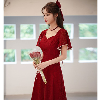 兰卡·罗妮兰卡罗妮敬酒服新娘平时可穿结婚订婚连衣裙回门小晚礼服蕾丝 酒红色中长款 XXL