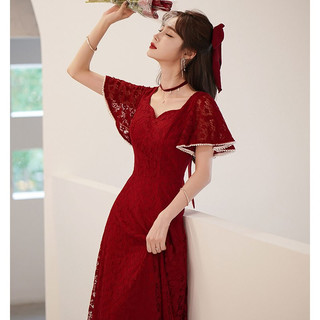 兰卡·罗妮兰卡罗妮敬酒服新娘平时可穿结婚订婚连衣裙回门小晚礼服蕾丝 酒红色中长款 XXL