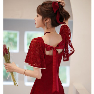 兰卡·罗妮兰卡罗妮敬酒服新娘平时可穿结婚订婚连衣裙回门小晚礼服蕾丝 酒红色中长款 XXL