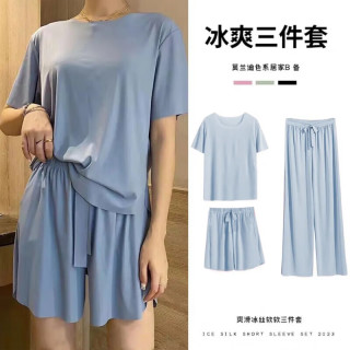 诗莉奥（SHILIAO）冰丝睡衣三件套女春夏宽松套装女短袖大码空调冰爽家居服 天空蓝 均码（80-130斤）