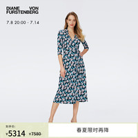 Diane von Furstenberg DVF2024早春女士POLO领针织桑蚕丝七分袖中长款裹身连衣裙 蓝白命运之花 XS