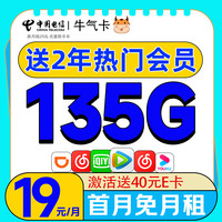 中国电信 流量卡纯流量5g不限速电话卡手机卡校园卡 牛气卡19月租-135G流量+送两年热门会员