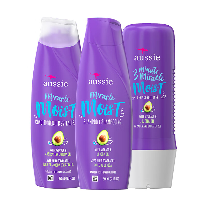 aussie 袋鼠 水润保湿滋养洗护三件套 (洗发水 360ml+护发素 360ml+发膜 236ml)