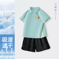 马克华菲男童夏装套装2024男孩速干短袖运动服两件套儿童衣服轻薄透气 m棒球服K松石绿_纯色黑裤 160
