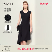 AMII2024夏摩登U领不对称摆无袖收腰连衣裙女仿醋酸小黑裙子12442254 黑色 155/80A/S