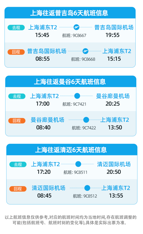 含1晚住宿！捡漏去泰国！春秋航空上海往返普吉岛/曼谷/清迈6天1晚自由行套餐（含手提7kg+托运10kg行李额）