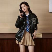 小熊PU皮革棒球服外套中长款宽松夹克