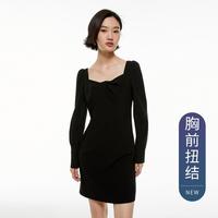 扭结方领通勤A字长袖连衣裙女春