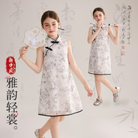 ASK JUNIOR女童裙子夏儿童连衣裙国风新中式满印无袖公主裙 杏色 130