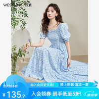 西遇连衣裙2024春季泡泡袖方领碎花高腰修身褶皱设计感蛋糕裙 蓝色 M