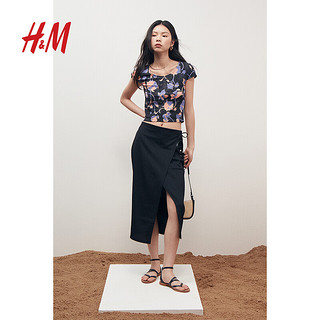 H&M2024夏季女装纹理感汗布上衣1240205 黑色/花卉 155/80