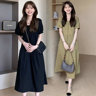 婧麒夏装连衣裙小个子短袖薄款大码宽松时尚夏天裙子洋气时髦 芥末黄 L
