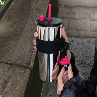 天丂高颜值巨无霸保温杯不锈钢咖啡冰霸杯吸管水杯随行大容量水杯 银黑色冰霸杯【710ML】
