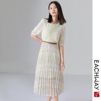 艺之卉 EACHWAY【气质美学】蕾丝拼接连衣裙夏季时尚优雅收腰百褶中长裙女
