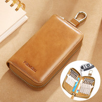 斐曼钥匙包男士大容量真皮复古拉链零钱包多功能汽车收纳锁钥包牛皮男 杏黄色-腰挂款