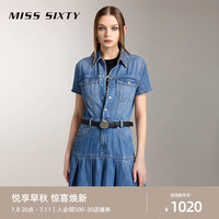 MISS SIXTY2024秋季牛仔连衣裙女含天丝百褶边单排扣复古风 中蓝 L
