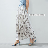 尚都比拉时尚优雅印花大摆半身裙女2024夏季松紧腰三层分割线设计裙子 水墨花色 JM