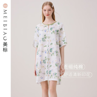 美标（MEIBIAO）商场同款短袖纯棉睡裙女春夏季睡衣中国风连衣裙贡缎可外穿家居服 白色（贡缎）