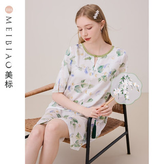 美标（MEIBIAO）商场同款短袖纯棉睡裙女春夏季睡衣中国风连衣裙贡缎可外穿家居服 白色（贡缎）