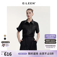 朗姿【意大利设计】纯棉复古休闲衬衣上衣女2024秋季短袖衬衫 黑色 L