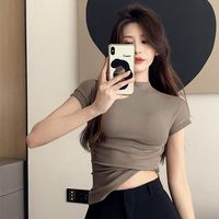 霏斯诗町修身短袖t恤女纯欲风打底衫春夏百搭显瘦半高领紧身洋气上衣 卡其色 均码