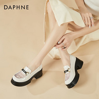 达芙妮（DAPHNE）单鞋女粗跟网面透气高跟小皮鞋夏百搭时尚金属乐福鞋 米色 跟高6.5cm 38 