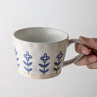 悠瓷（youcci）高颜值手绘小花马克杯家用陶瓷喝水杯粗陶咖啡杯大口径杯子 蓝色四叶小花杯