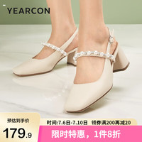意尔康女鞋 新款女士粗跟高跟包头凉鞋气质法式玛丽珍单鞋女 米白 39